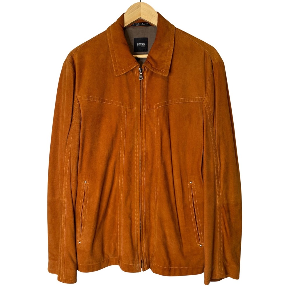 Hugo Boss Vintage Italian Goat Suede Jacket Burnt Orange Rust Mens 38R Zip Up